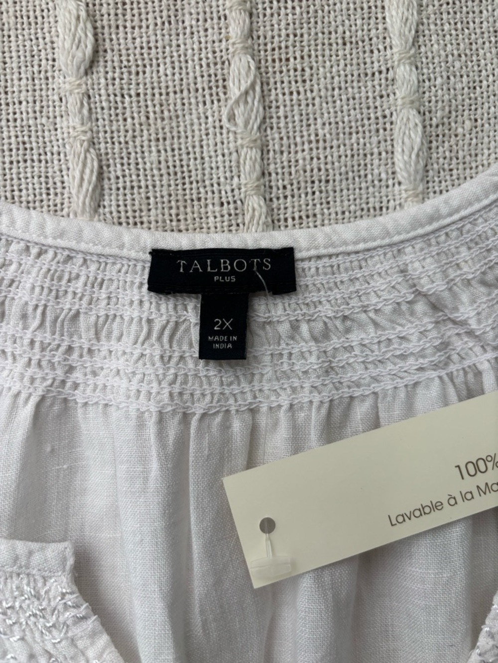 Talbots Linen Border Stripe Top Red White & Blue Smocked Neck Short Sleeve 2X - Picture 2 of 13